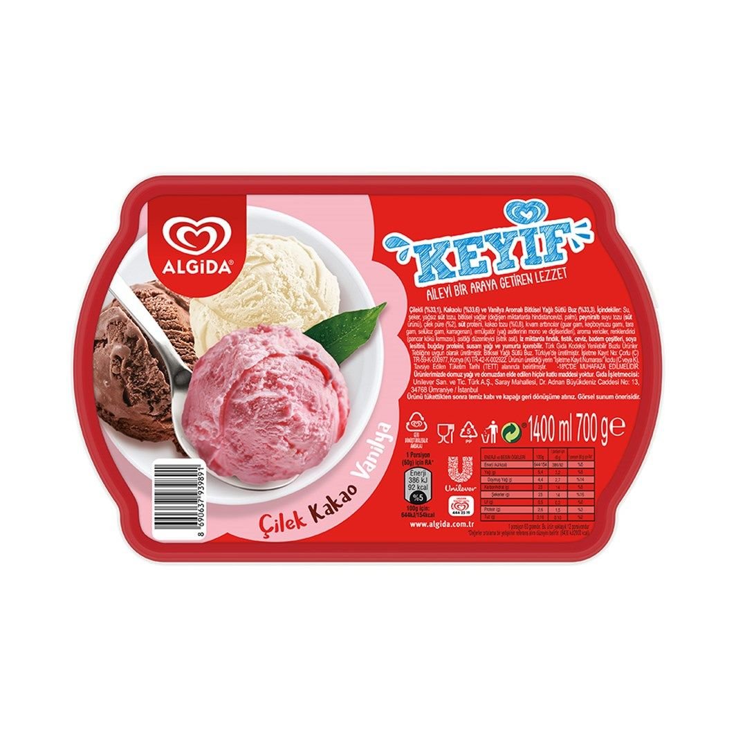 Algida Keyif  Çilek Kakao Vanilya Dondurma 1400ml