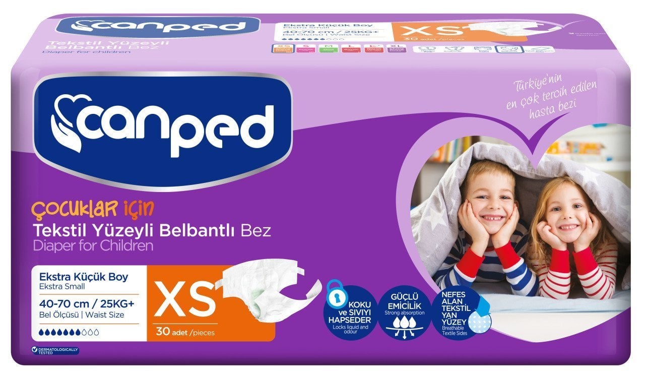 Canped Çocuklar İçin Tekstil Yüzeyli Belbantlı Bez XS 30 Adet