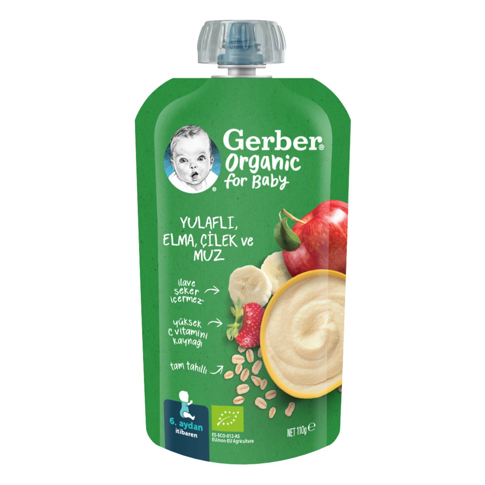Gerber Organic For Baby Yulaflı, Elma, Çilek Ve Muz  Püre 110gr