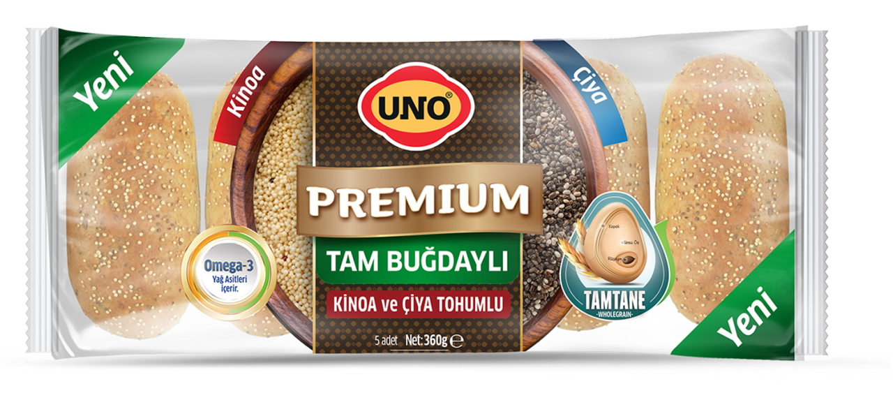Uno Premium Tam Buğdaylı Kinoa ve Çiya Tohumlu Ekmek 5li 360gr